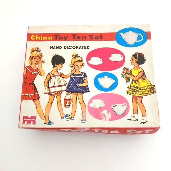 Vintage China Toy Tea Set in box flowers 4 cups saucers pot creamer sugar - Picture 1 of 8